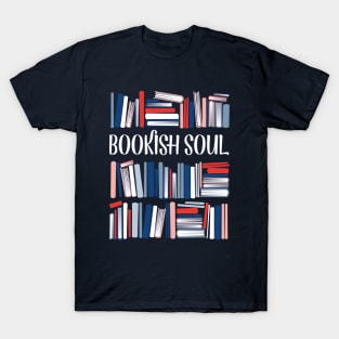 Bookish soul // oxford navy blue bookshelf background neon red flesh coral white classic and pastel blue books T-Shirt